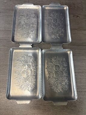 Vintage Set of 4 Embossed Aluminum Serving Trays - Silver Fruit Design